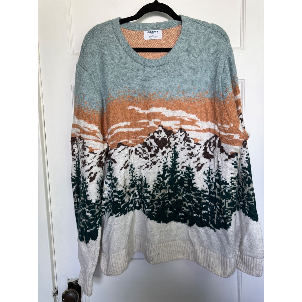 Old Navy SoSoft Mountain Landscape Scenic Knit Sweater XL Blue Orange Forest
